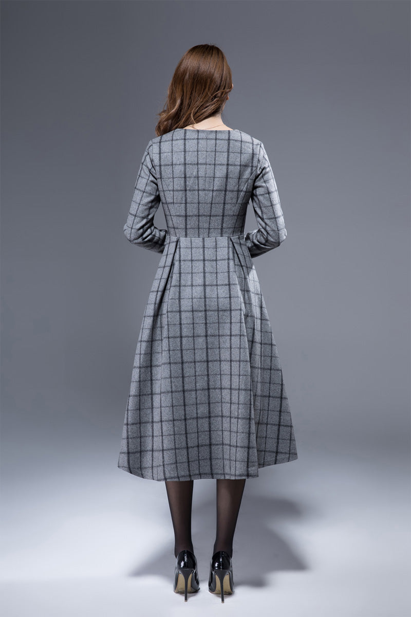 winter dress women, dark gray wool dress, knee length dress, wool dress,  pocket dress 1812