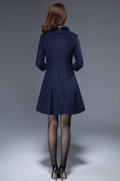 Handmade Wool Blend Dress – Elegant Navy Blue Short Dress with 3/4 Sleeves 1815