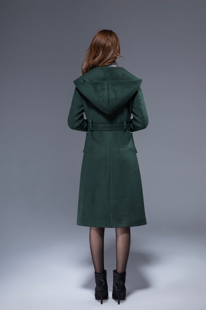 Vintage Wool Coat for Women – Handmade Green Double Breasted Hooded Belted Winter Coat | Xiaolizi 1822