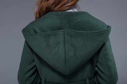 Vintage Wool Coat for Women – Handmade Green Double Breasted Hooded Belted Winter Coat | Xiaolizi 1822
