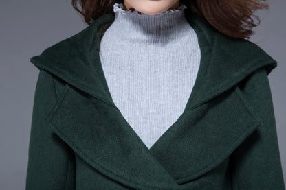 Vintage Wool Coat for Women – Handmade Green Double Breasted Hooded Belted Winter Coat | Xiaolizi 1822