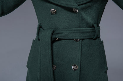 Vintage Wool Coat for Women – Handmade Green Double Breasted Hooded Belted Winter Coat | Xiaolizi 1822