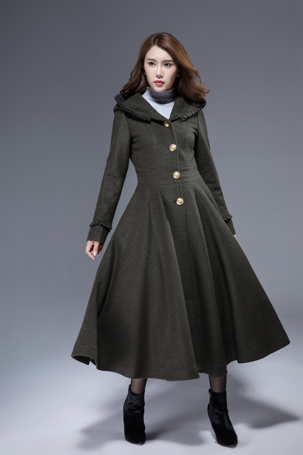 Army green fit and flare coat romantic wool coat 1823#