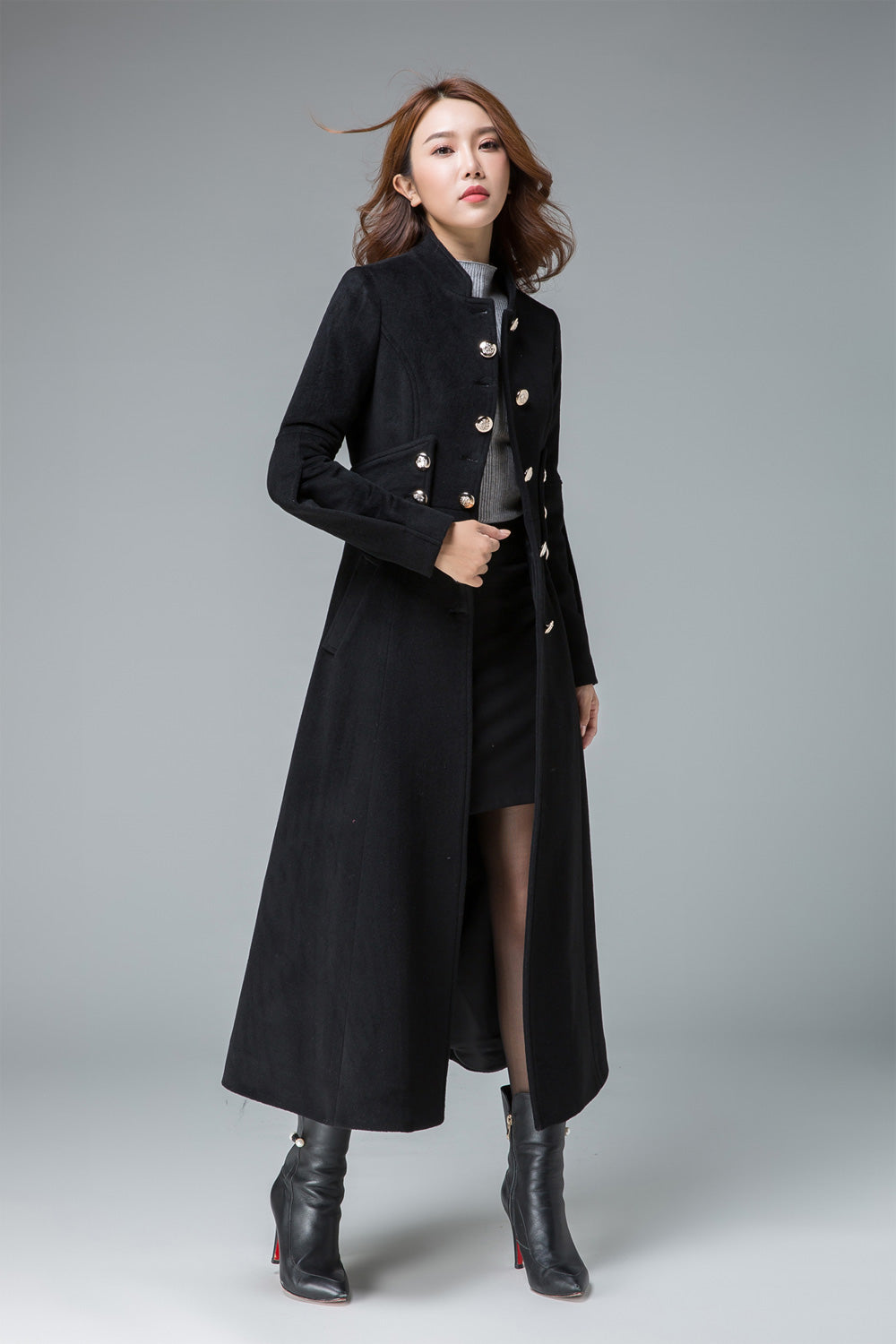 black winter coat, long wool coat, wool jacket, fitted coat, long