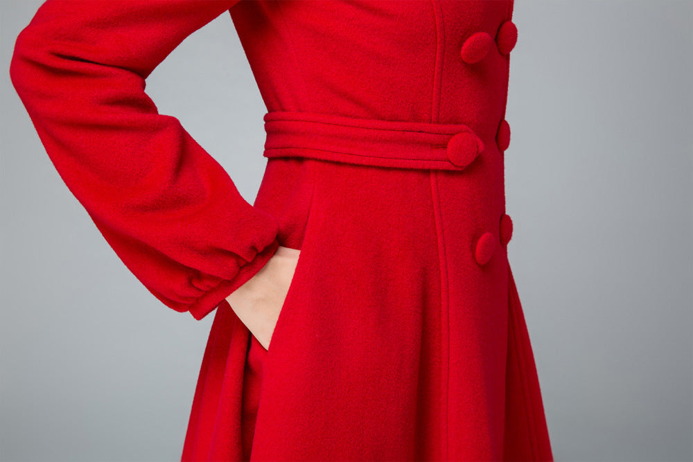 Red Fit and Flare Wool Long Winter Coat Women1846#