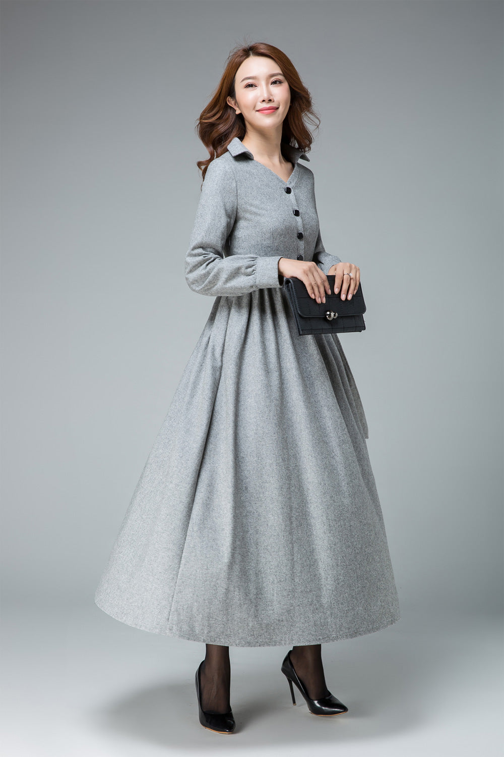 Handmade Light Gray Wool Dress Coat Elegant Belted Winter Midi Dress | Xiaolizi Light Grey / M Handmade Light Gray Wool Dress Coat Elegant Belted Winter Midi Dress | Xiaolizi Light Grey / M