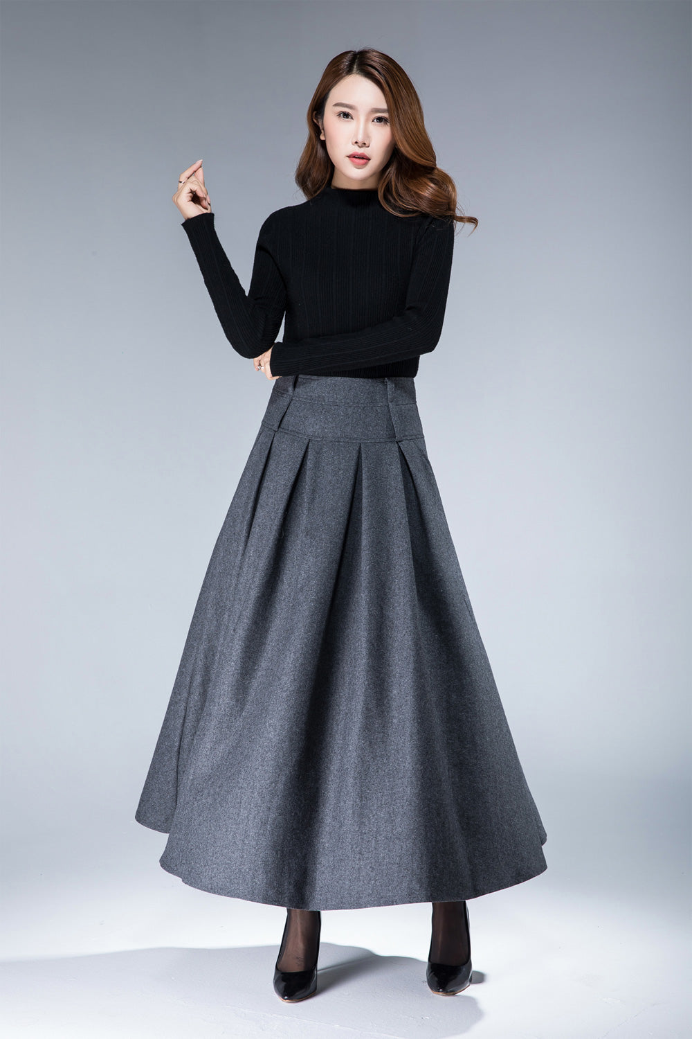 women's vintage pleat maxi wool skirt for winter in grey 1857#