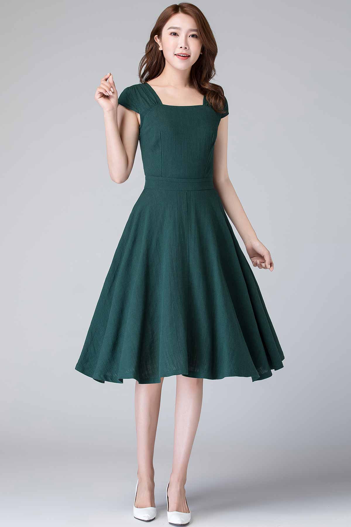retro green linen midi swing dress 1904#