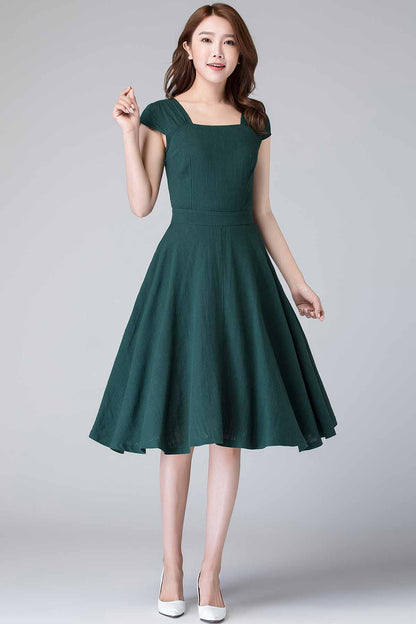 Army Green Linen Midi Swing Dress - Square Neckline, Cap Sleeves 1904