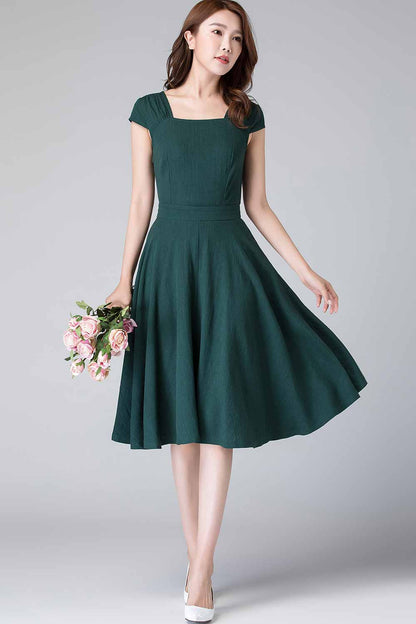 Army Green Linen Midi Swing Dress - Square Neckline, Cap Sleeves 1904