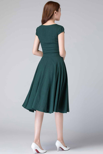 Army Green Linen Midi Swing Dress - Square Neckline, Cap Sleeves 1904
