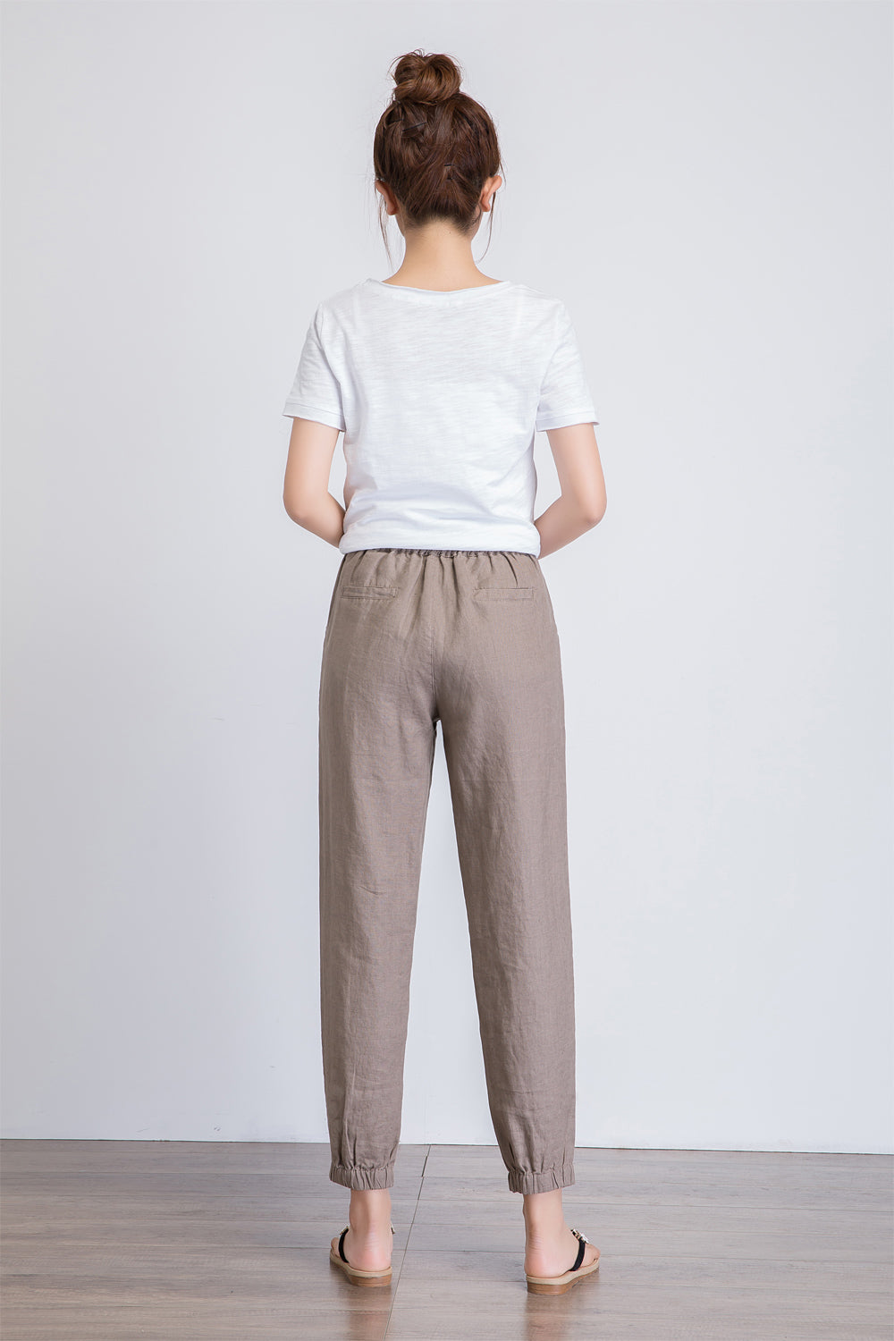 linen cropped pants women, brown linen trousers, drawstring waist