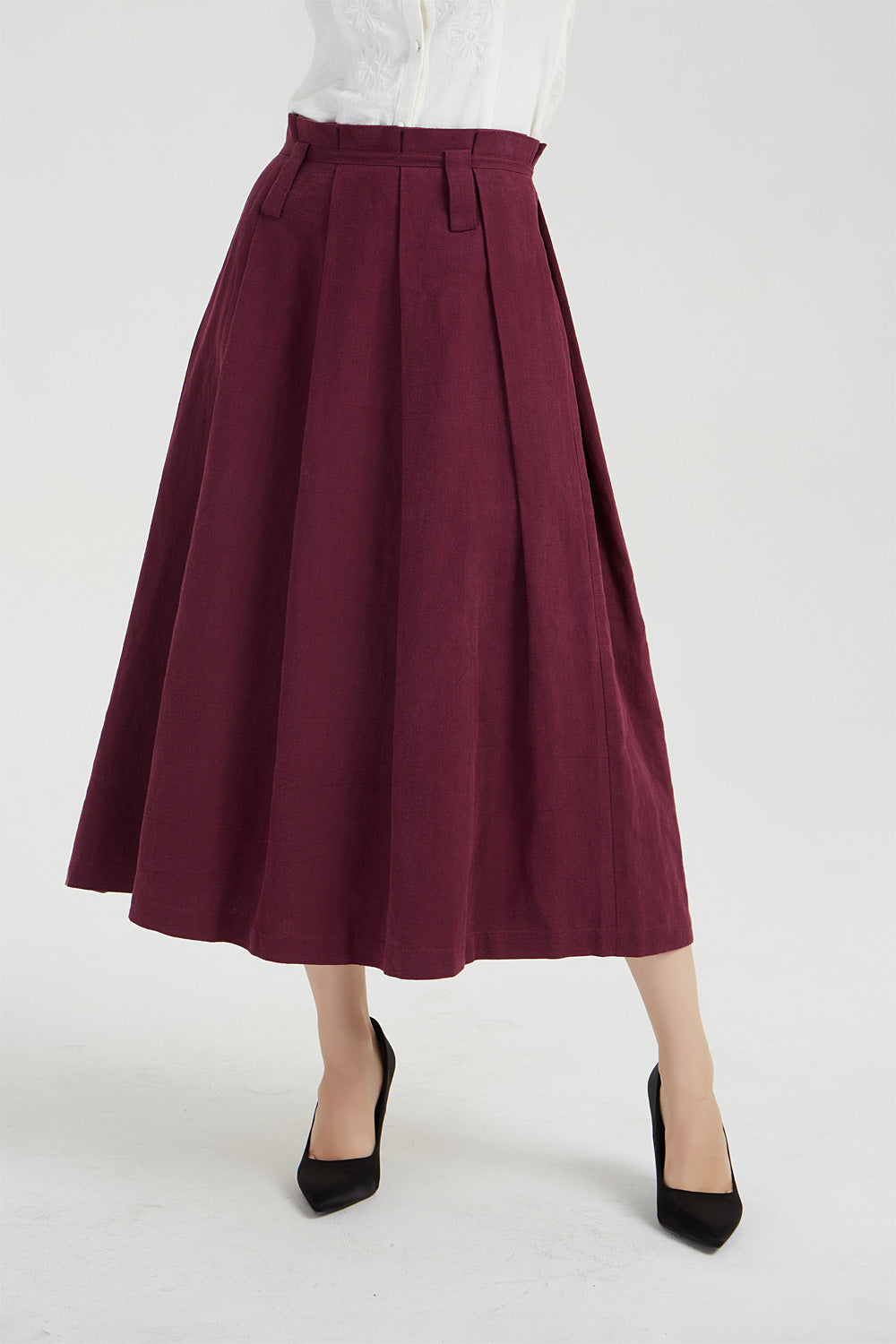 Midi burgundy linen skirt, pleated linen skirt 2038