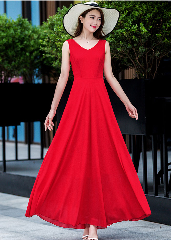 Red Chiffon Maxi Dress - V-Neck, High Waist Flare Silhouette 2632 - Red / XS Red Chiffon Maxi Dress - V-Neck, High Waist Flare Silhouette 2632 - Red / XS