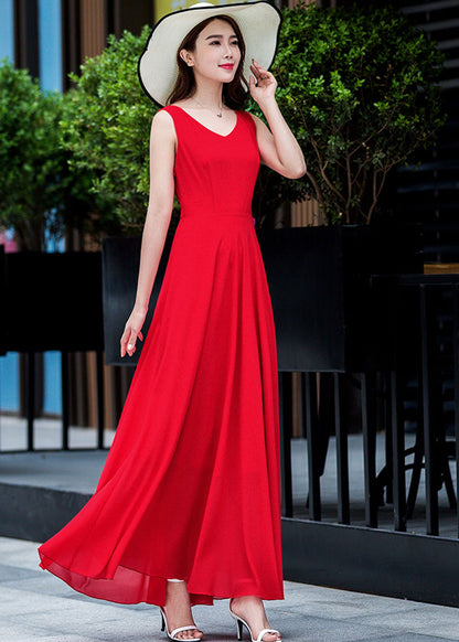 Red Chiffon Maxi Dress - V-Neck, High Waist Flare Silhouette 2632