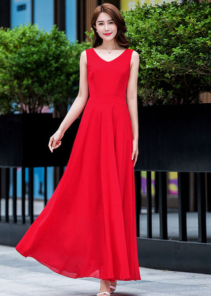 Red Chiffon Maxi Dress - V-Neck, High Waist Flare Silhouette 2632