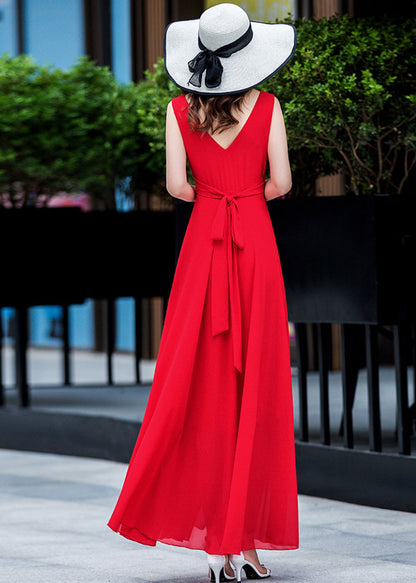 Red Chiffon Maxi Dress - V-Neck, High Waist Flare Silhouette 2632