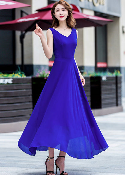 Red Chiffon Maxi Dress - V-Neck, High Waist Flare Silhouette 2632