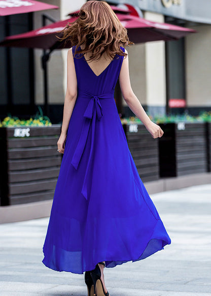 Red Chiffon Maxi Dress - V-Neck, High Waist Flare Silhouette 2632