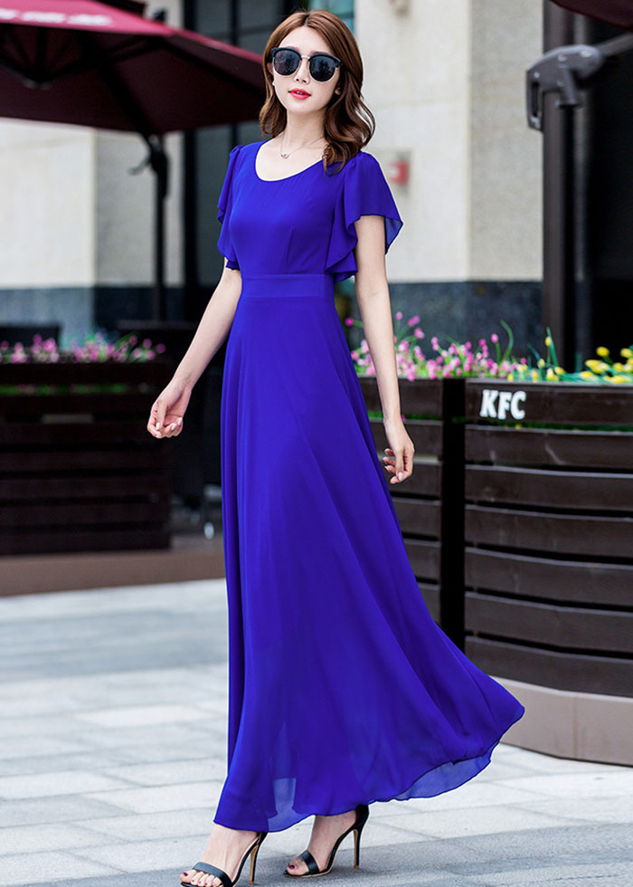 royal blue chiffon dress Blue Chiffon Maxi Dress with Ruffle Sleeves and Flattering Fit Waist – Xiaolizi