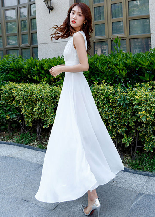 Feminine White Sleeveless Maxi Dress – High Waist Chiffon Flare – 263402
