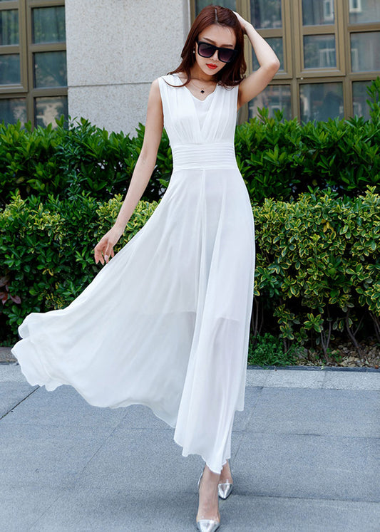 Feminine White Sleeveless Maxi Dress – High Waist Chiffon Flare – 263402