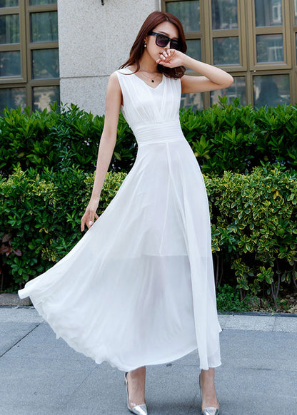 Feminine White Sleeveless Maxi Dress High Waist Chiffon Flare 2634 Xiaolizi Feminine White Sleeveless Maxi Dress High Waist Chiffon Flare 2634 Xiaolizi