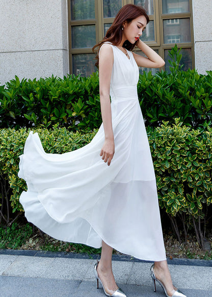 White Chiffon Maxi Dress - High Waist Flare Silhouette 2634