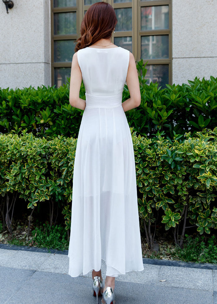 White Chiffon Maxi Dress with High Waist Flare