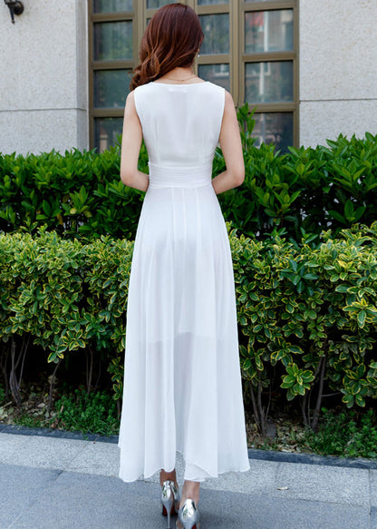 White Chiffon Maxi Dress - High Waist Flare Silhouette 2634