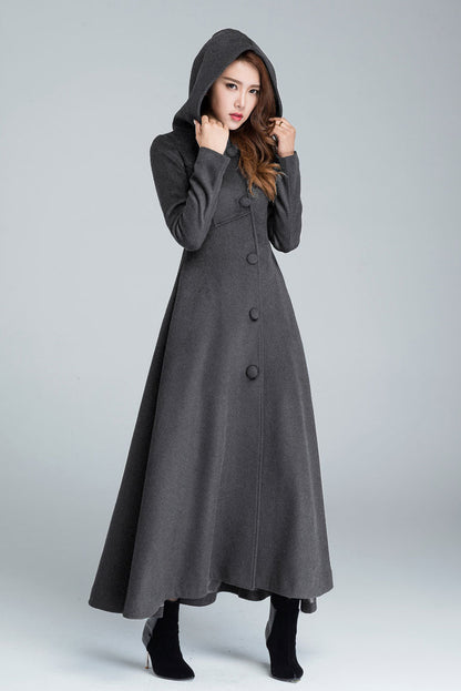 Black Wool Hooded Coat – Vintage A-Line Maxi Overcoat for Women 1839