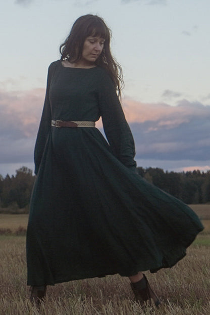 Army Green Linen Maxi Dress - Pleated Waist, Lantern Sleeves 3125
