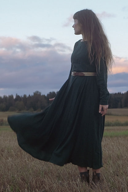 Army Green Linen Maxi Dress - Pleated Waist, Lantern Sleeves 3125