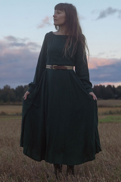 Army Green Linen Maxi Dress - Pleated Waist, Lantern Sleeves 3125