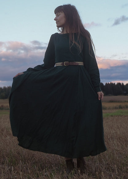 Army Green Linen Maxi Dress - Pleated Waist, Lantern Sleeves 3125