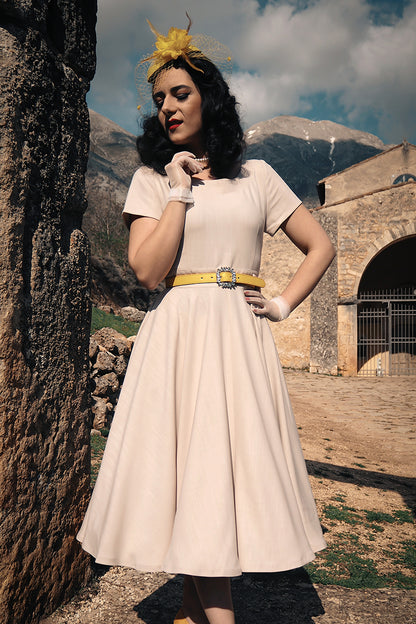 Women's Beige Swing Summer Retro Midi Dress 3573