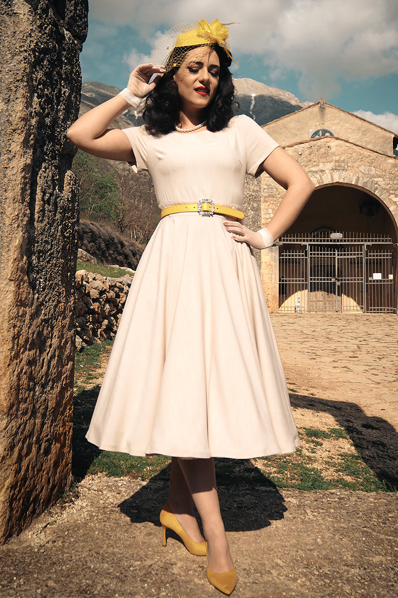 Beige Cotton Blend Midi Dress - Fit and Flare Silhouette 3573