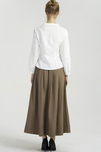 Brown Linen Maxi Skirt - Pleated Fit and Flare Silhouette 2033