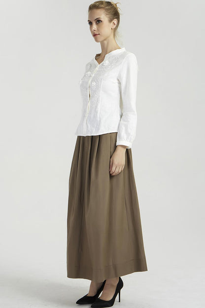 Brown Linen Maxi Skirt - Pleated Fit and Flare Silhouette 2033