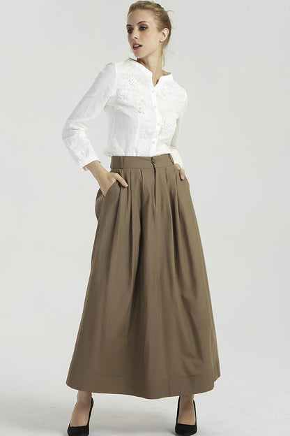 Brown Linen Maxi Skirt - Pleated Fit and Flare Silhouette 2033
