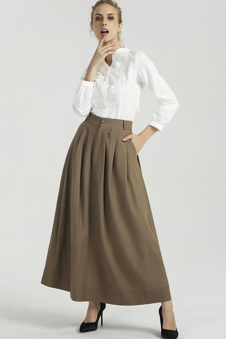 brown maxi skirt with pleating details for women 2033#