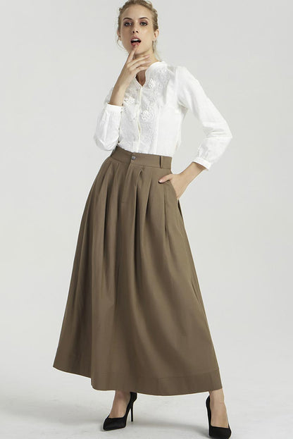 Brown Linen Maxi Skirt - Pleated Fit and Flare Silhouette 2033