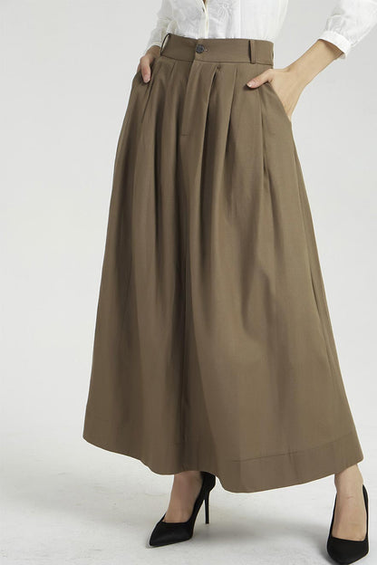 Brown Linen Maxi Skirt - Pleated Fit and Flare Silhouette 2033