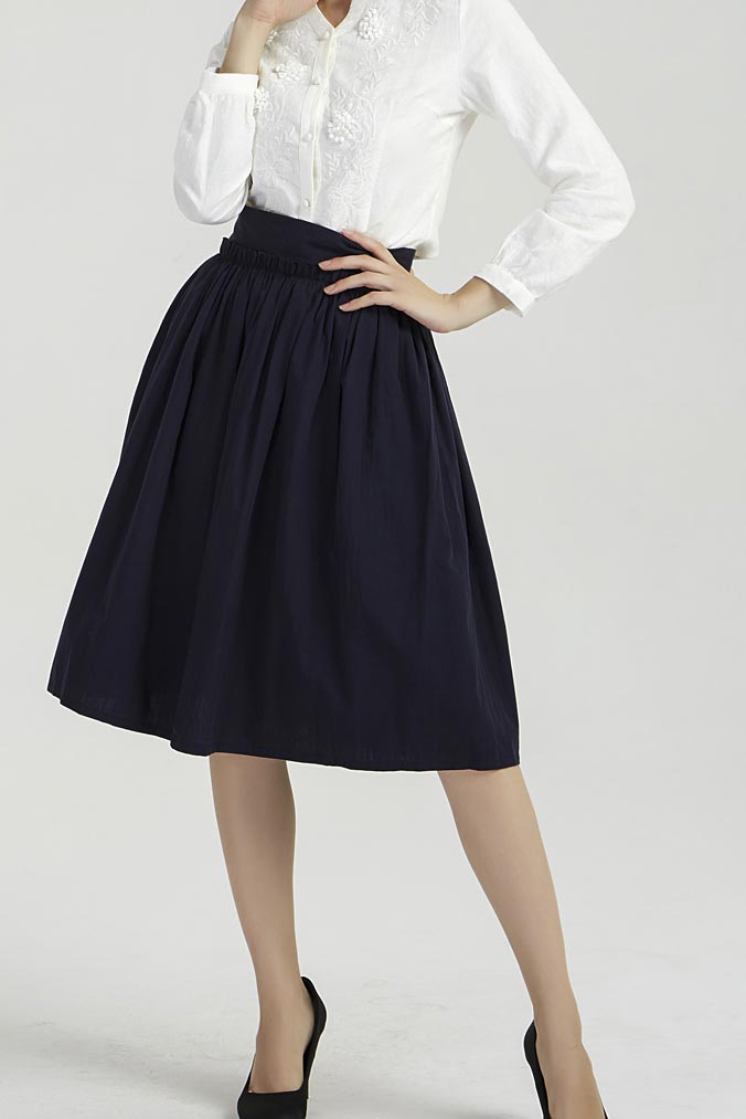 navy blue knee length summer linen skirt  2034#