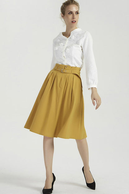 Yellow Linen Knee Length Skirt - High Waist Pleated Elegance 2039