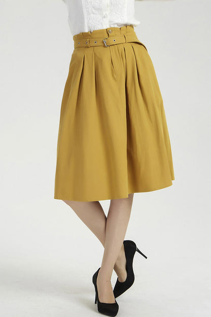 Yellow Linen Knee Length Skirt - High Waist Pleated Elegance 2039