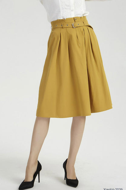 Yellow Linen Knee Length Skirt - High Waist Pleated Elegance 2039