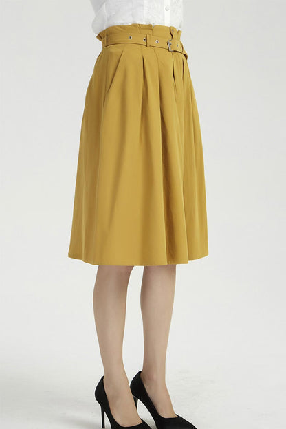 Yellow Linen Knee Length Skirt - High Waist Pleated Elegance 2039