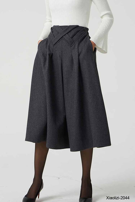gray midi wool skirt with pockets 2044#