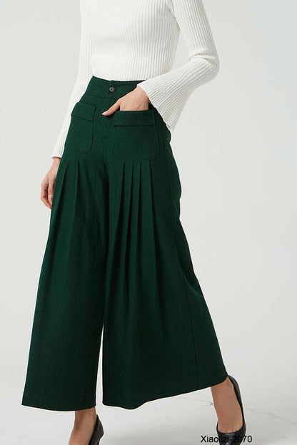 Army Green Wool Wide-Leg Pleated Pants - High Waist Palazzo Trousers 2070